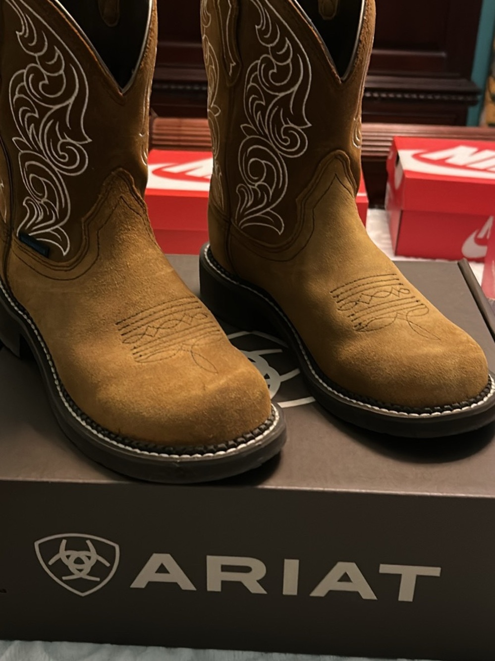 Ariat Brown Suede Women's Western Heel Boots with White Stitching